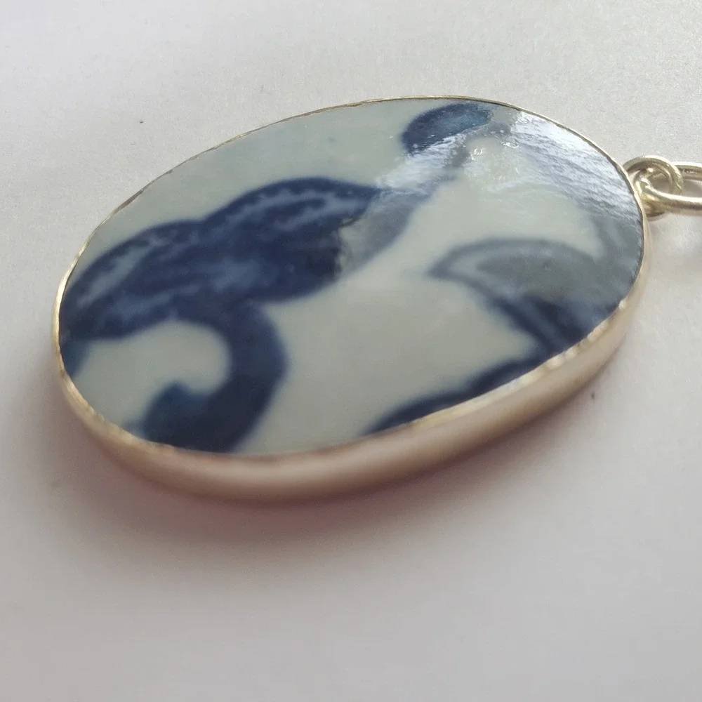 Vintage Ming Blue & White Porcelain Pottery Shard Pendant Oval Chinoiserie Focal